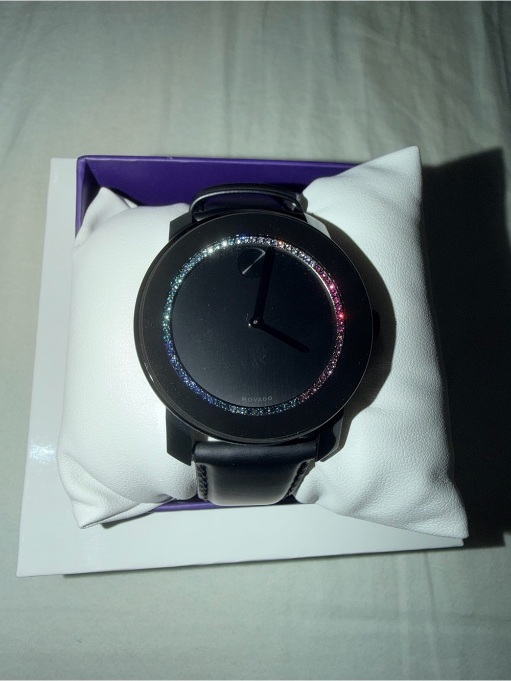 Movado Bold Black Watch with Multicolor Crystal Dial Accent